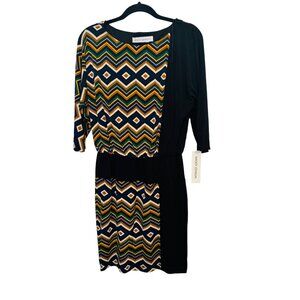 NWT Maggy London 8 Geometric Chevron Dress Multi-Color & Black 3/4 Sleeve